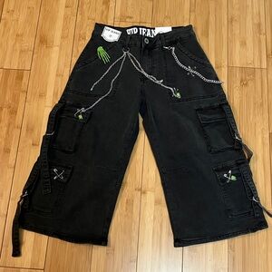 VIP Black Cargo Capris with Silver Chain and Green Accent Charms NWT
